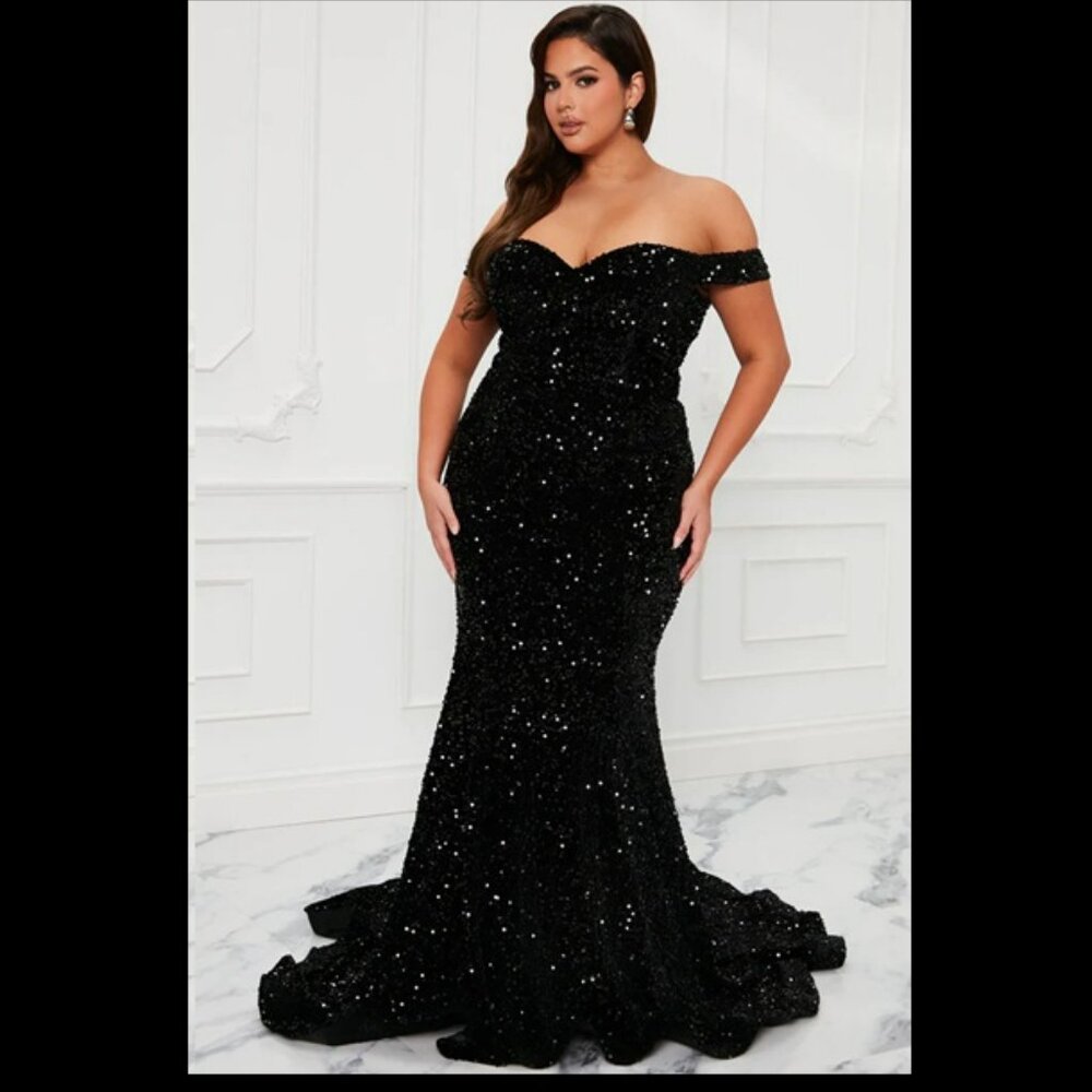 Alora Black Sequin Mermaid Maxi Gown With Train Sz 3X